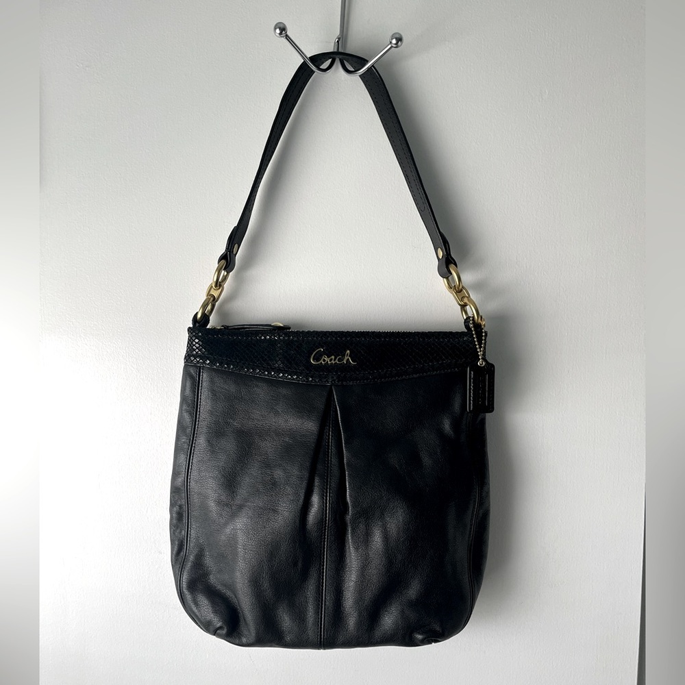 Coach Black Leather Shoulder Bag with Gold Accents